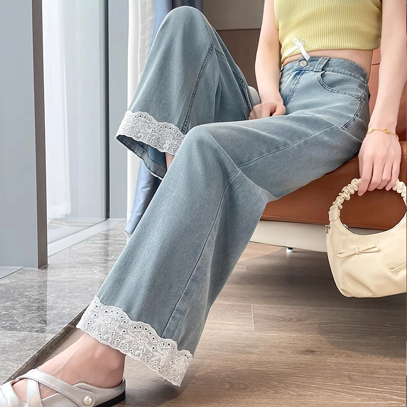九分牛仔阔腿裤女2025夏季新款蕾丝花边高腰显瘦小个子直筒裤子