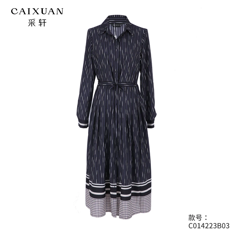采轩夏季翻领条纹印花修身显瘦中长款连衣裙