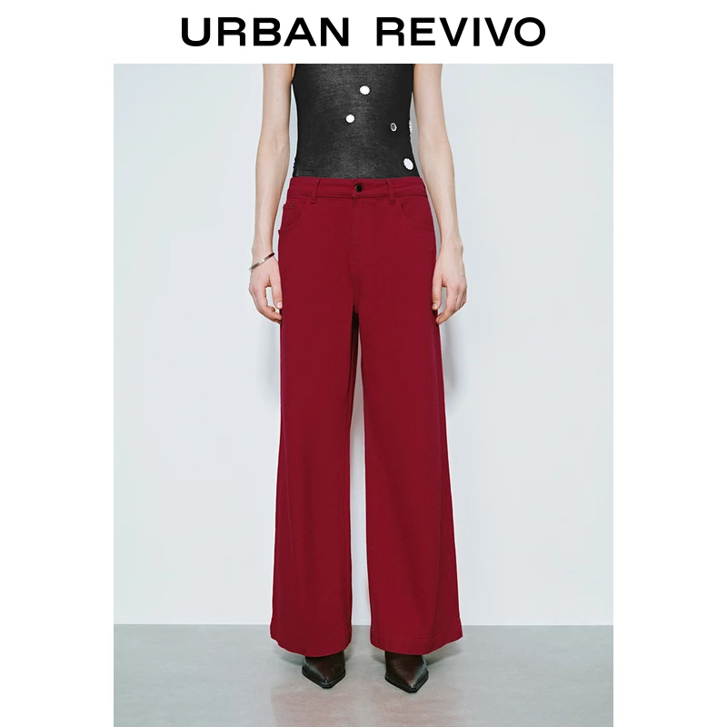 UR2025春季新品女装欧若风复古摩登红色宽松休闲长裤UWJ850013