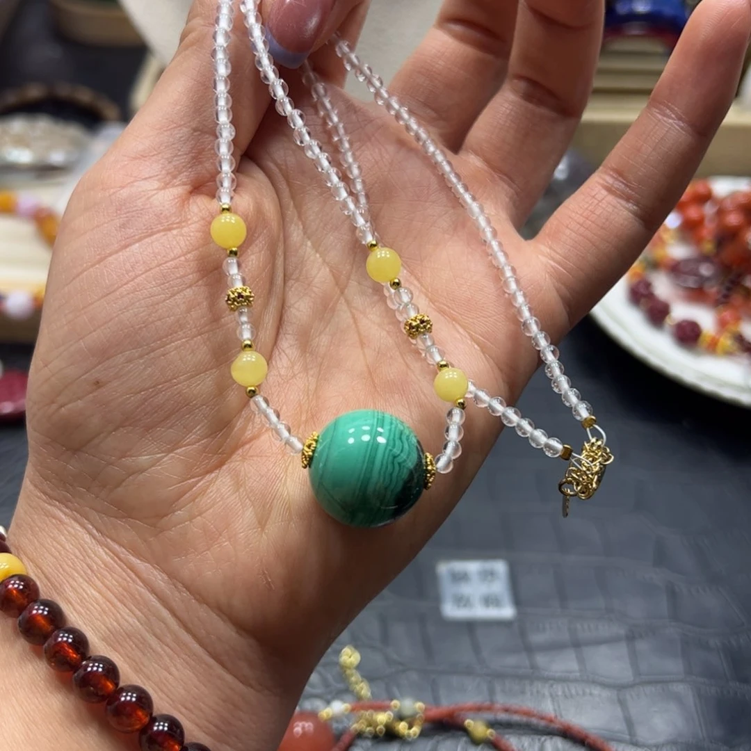 银S925镶嵌手链烟晶孔雀石项链