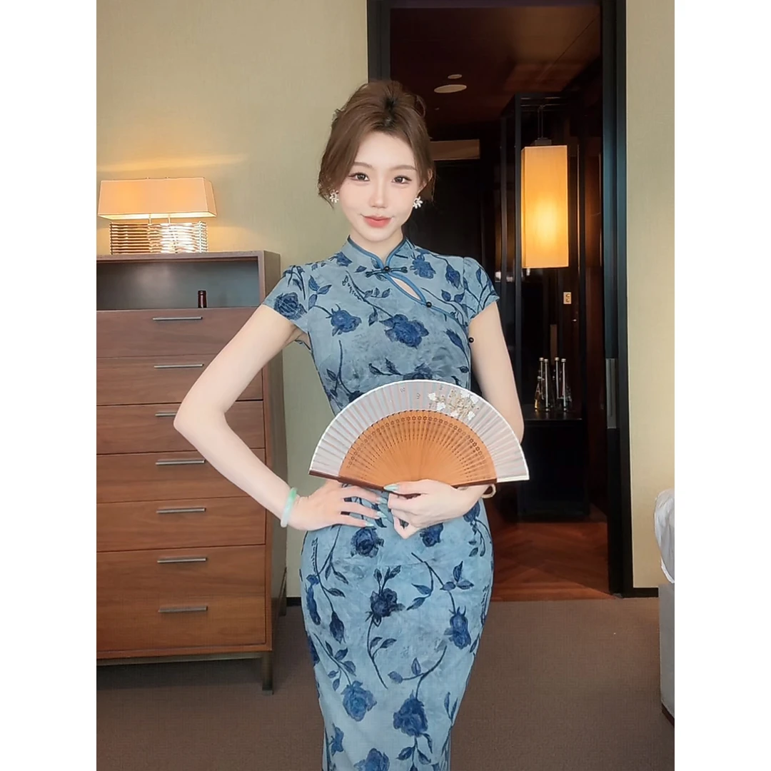 凌茜恣禾【梦江南】国风新中式蓝花枝旗袍温婉优雅气质高级感旗袍裙