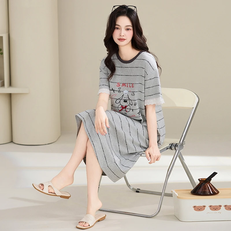 【100%纯棉】睡裙女夏季纯棉短袖条纹加大码宽松中长款居家睡衣裙