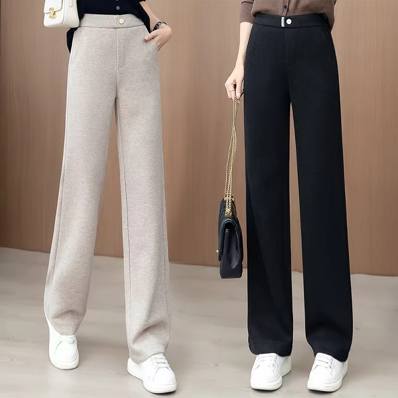 毛呢窄版阔腿裤女2025秋冬季新款高腰显瘦松紧加厚休闲直筒裤
