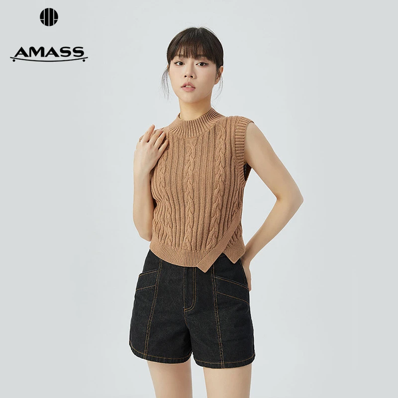 阿玛施AMASS美拉德风通勤时尚百搭短款素色无袖针织马甲女5399380