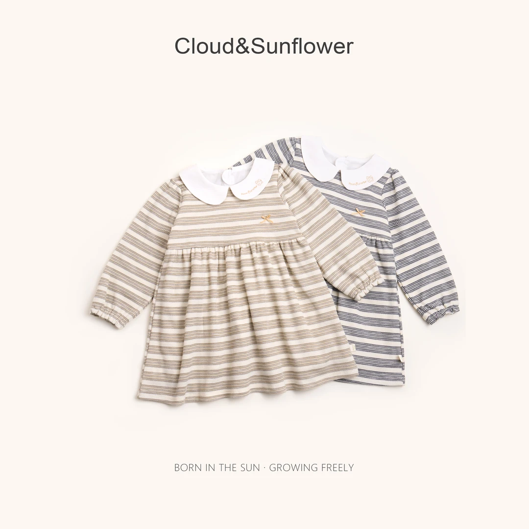 【云朵小葵】女童秋季新款洋气条纹翻领小熊刺绣百搭连衣裙1114448