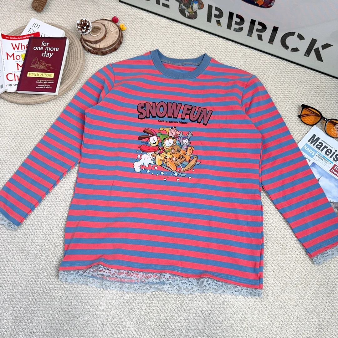 2025早春新款休闲时尚百搭条纹拼蕾丝打底长袖T恤8866