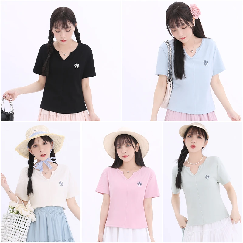 【C】夏季气质V领绣花短袖T 2559