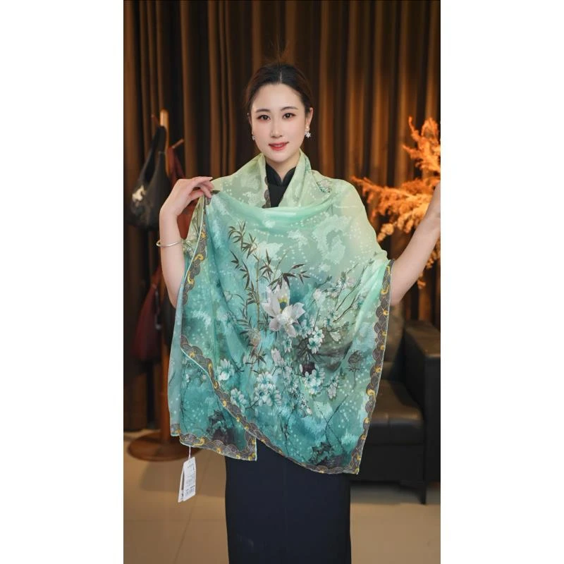 xys-196【竹林荷花】新中式剪花高定国风丝巾 70×180左右