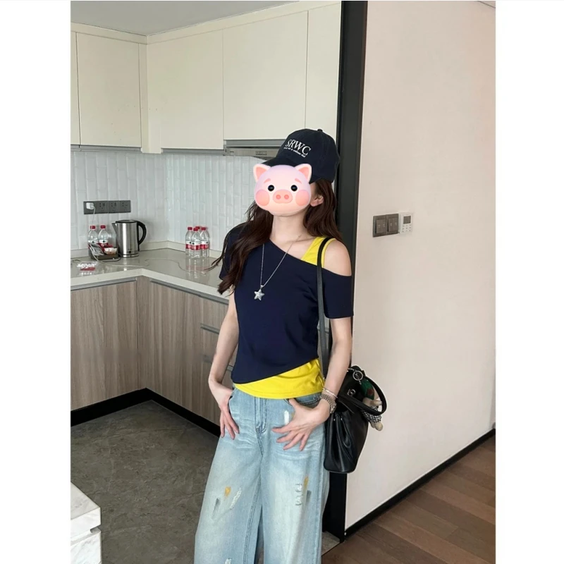 2025年夏季法式气质设计感小众拼接假两件露肩宽松休闲上衣