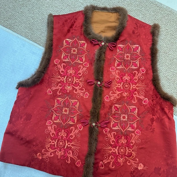 丸子姐姐冬季新品/水貂桑蚕丝绒芙绸新中式马夹