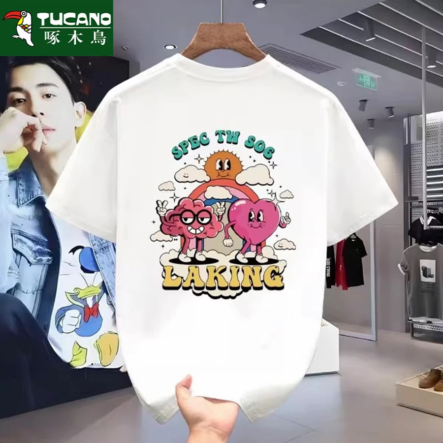 啄木鸟夏季日常休闲半袖百搭纯棉T恤圆领免烫网红潮流ins印花短袖