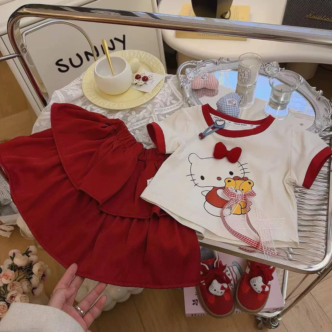 女童夏季韩版卡通2025新款kt猫蝴蝶结短袖t+百褶蛋糕短裙两件套