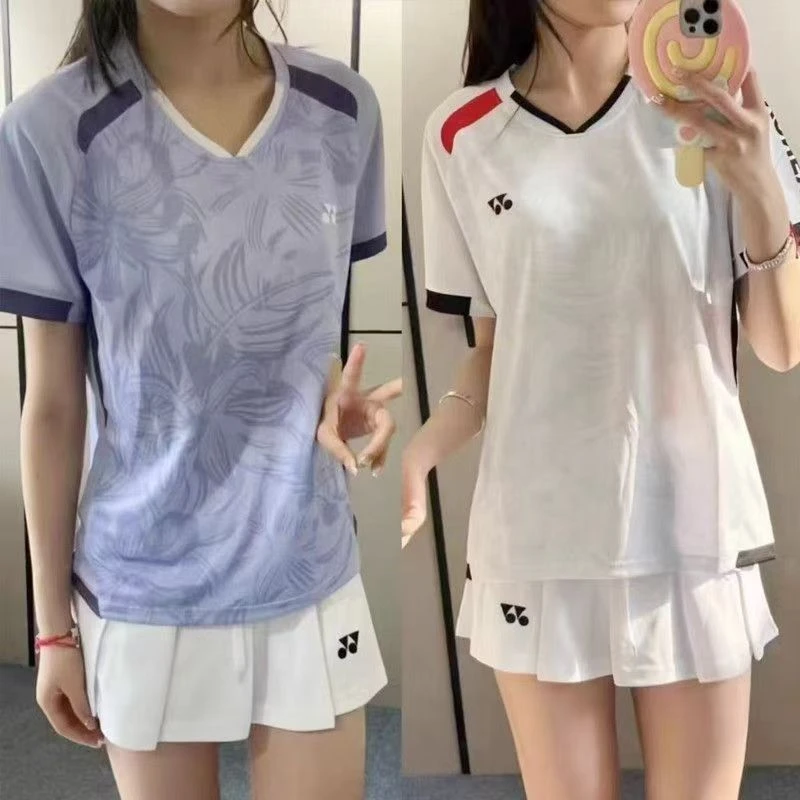 Yy尤尼女款高质量羽毛球服紫色短袖速干球服男女透气比赛羽毛球服