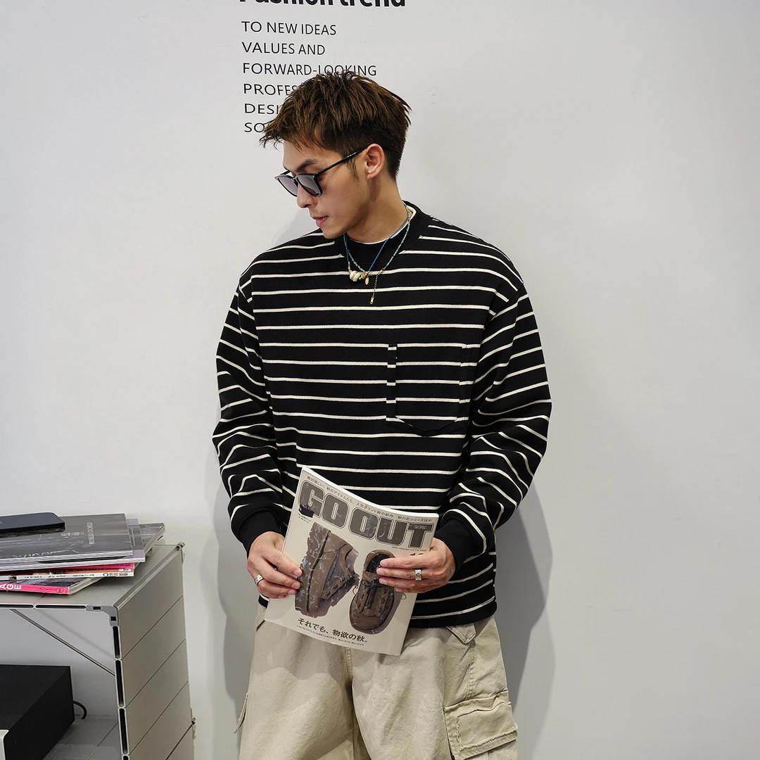 Aft studio松弛感 撞色条纹加厚加绒长袖T恤男春秋休闲通勤海魂衫