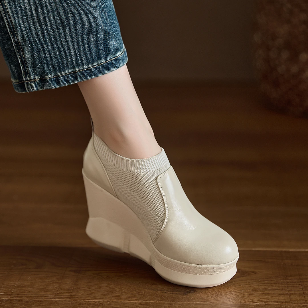 AACCK手工女鞋10cm~坡跟深口单鞋防水台厚底高跟鞋不累脚乐福鞋