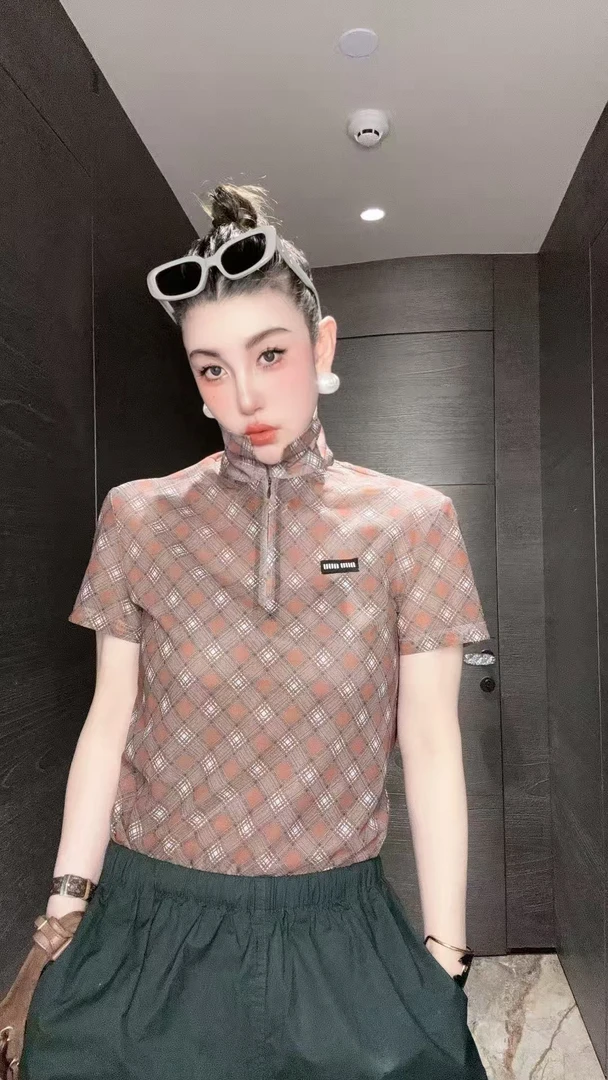 【HAV】新款时髦撞色格纹半拉链修身短袖polo衫