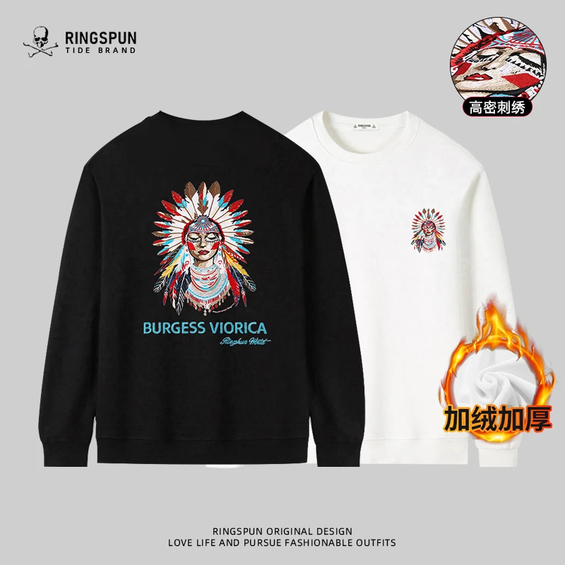 【印第安女】潮牌刺绣加绒加厚圆领卫衣男女同款宽松百搭长袖上衣男