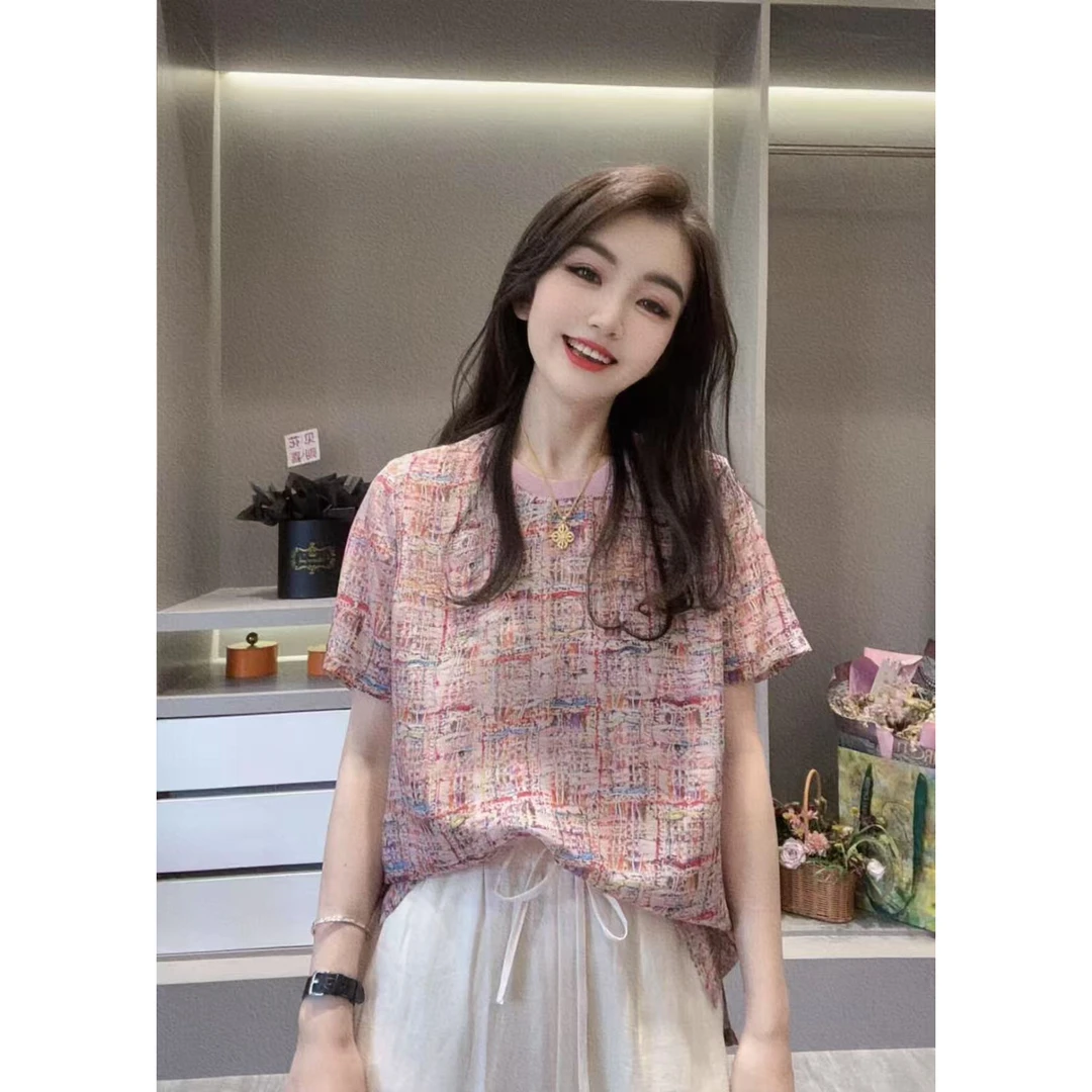 【彩线印花】CHUN家时尚夏季经典百搭桑蚕丝双绉T恤