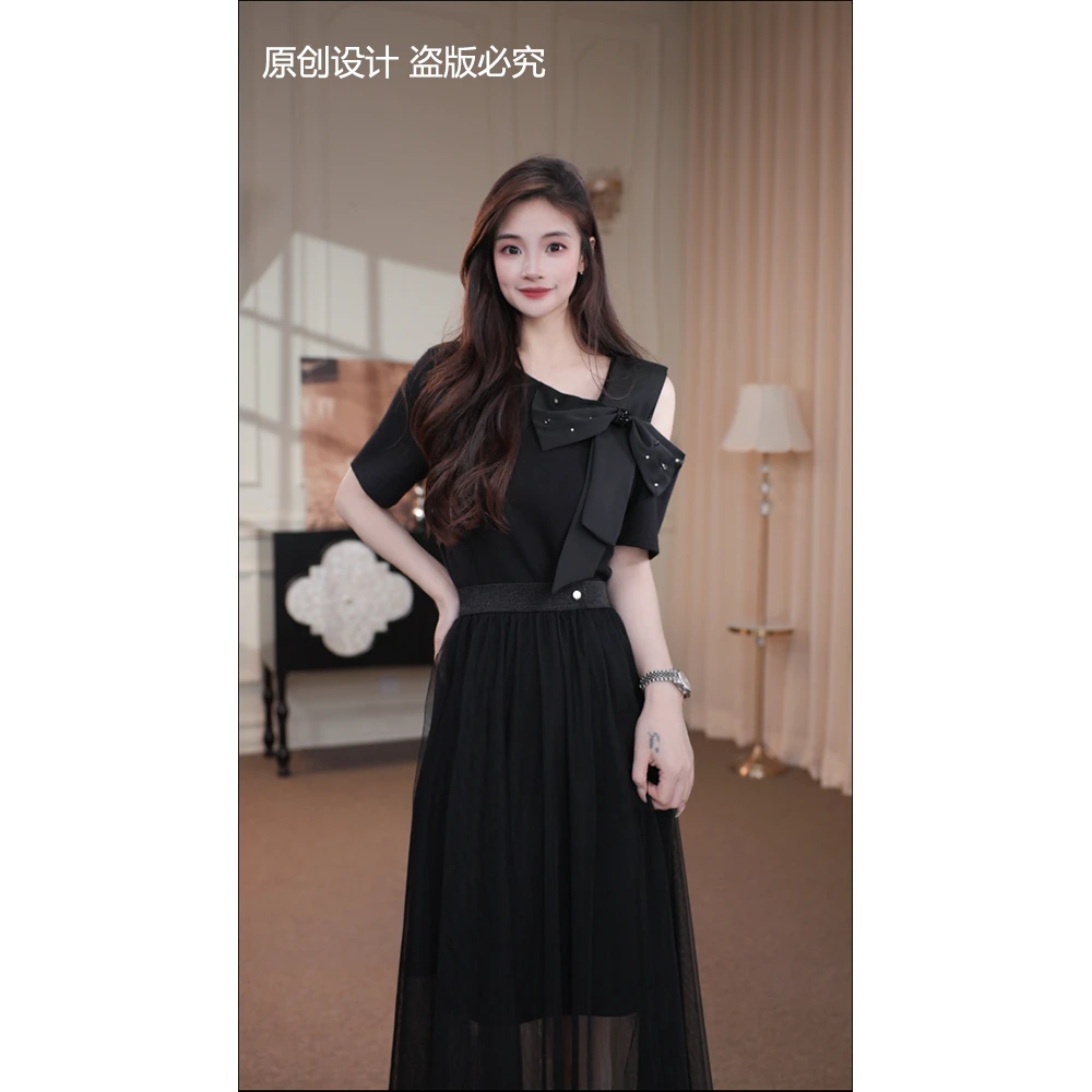 宁宁·娇奢美人·夏季新款气质优雅漏肩蝴蝶结收腰连衣裙-90955