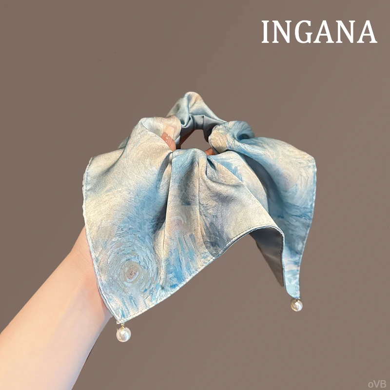 莫奈星空蓝色油画风缎面方巾大肠发圈日韩气质珍珠吊坠头绳发绳女