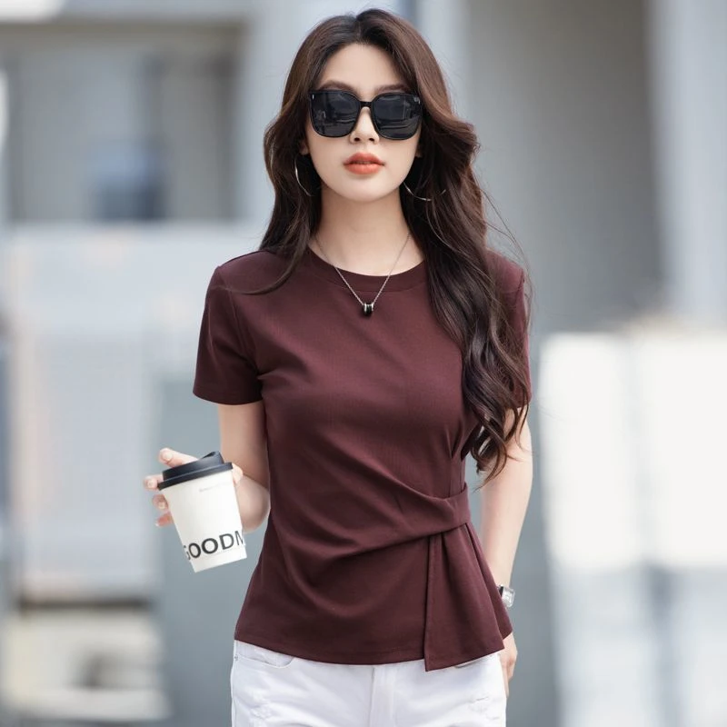 短款正肩短袖T恤女夏季2025新款设计感褶皱收腰百搭法式显瘦上衣