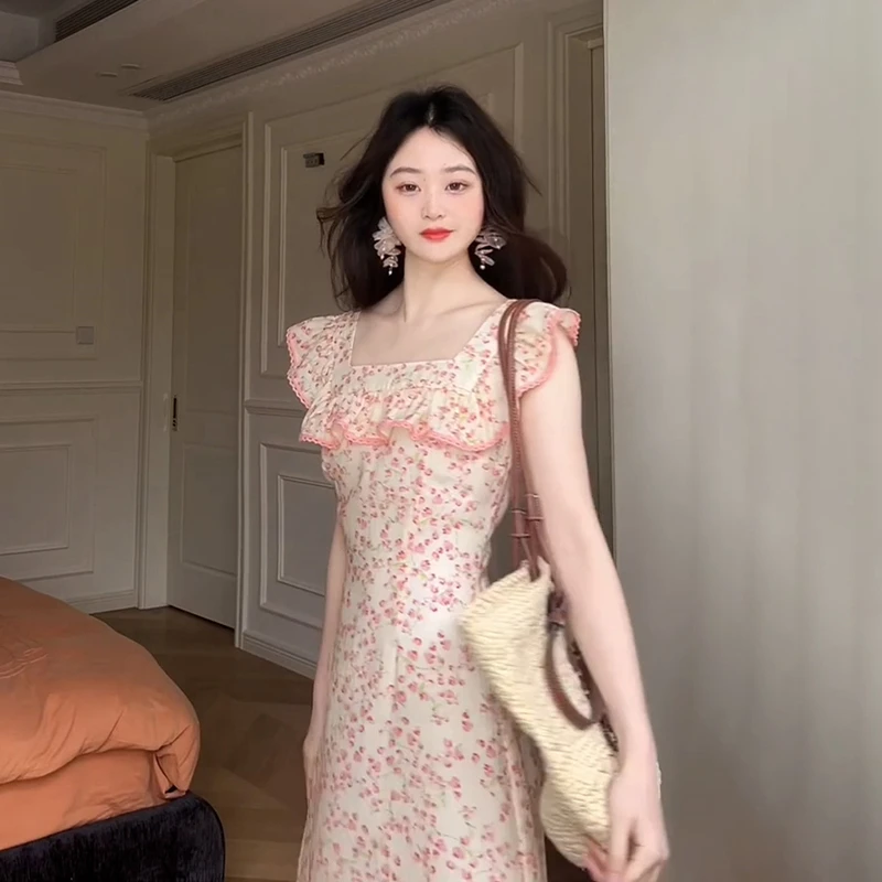 2339茶歇法式粉色碎花连衣裙子女夏季2025新款海边度假风a字长裙