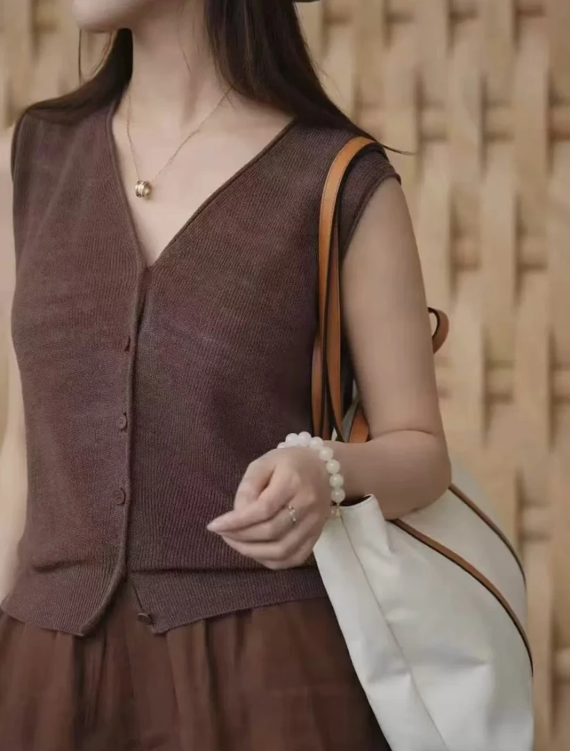 云泥之别~真y纱100%亚麻v领无袖防晒凉感针织背心