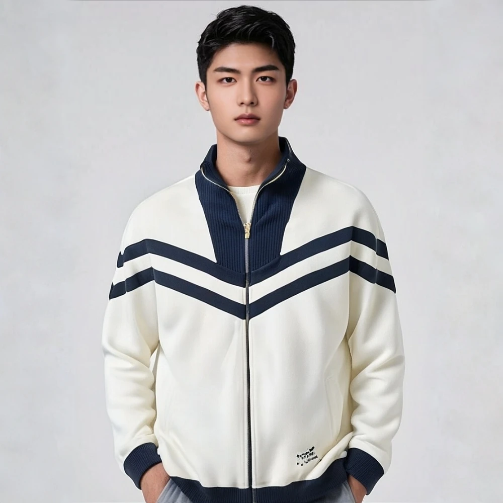 2025年秋冬新款条纹拼接高领针织上衣美式休闲风羊毛男款开衫外套