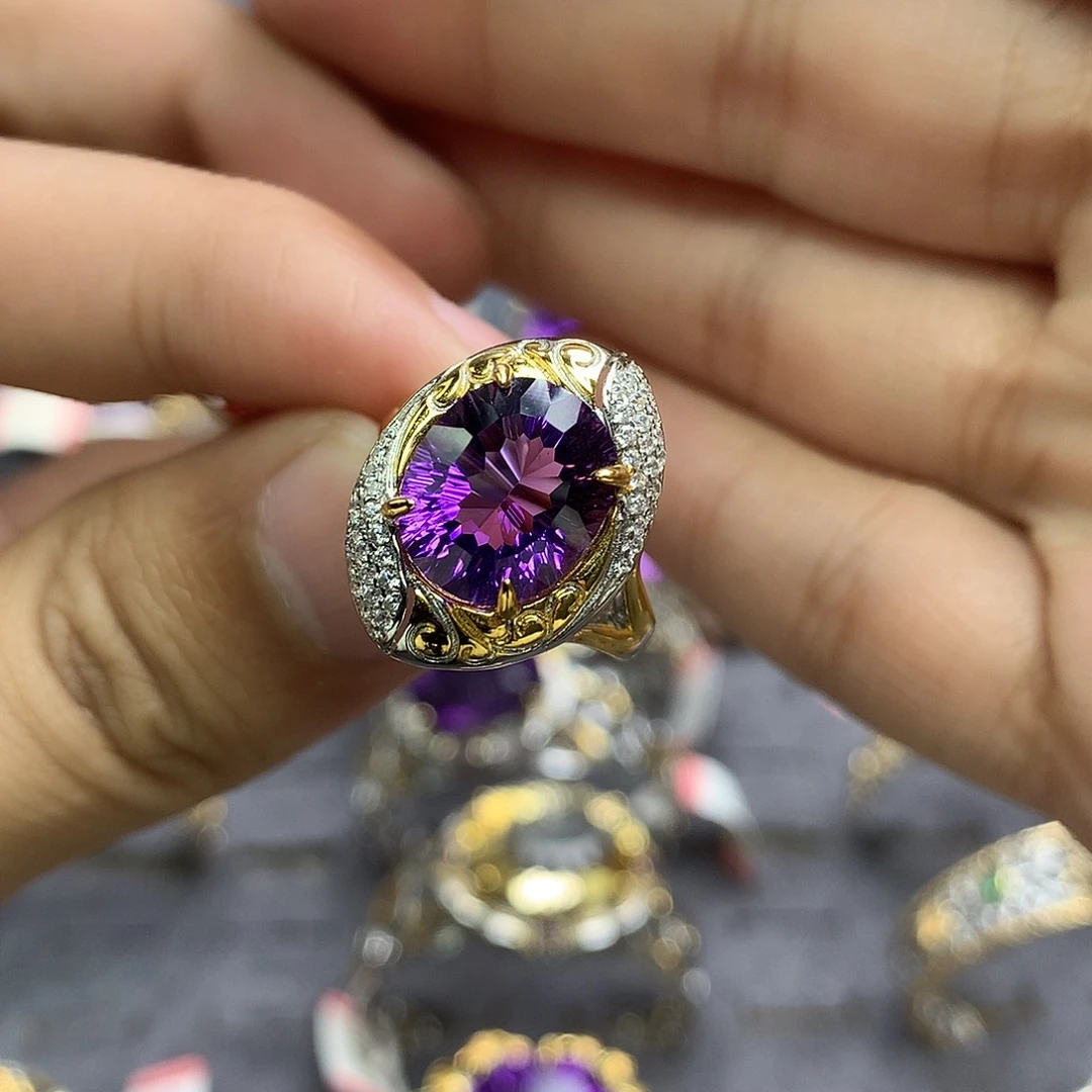 水晶戒指银S925镀金镶嵌