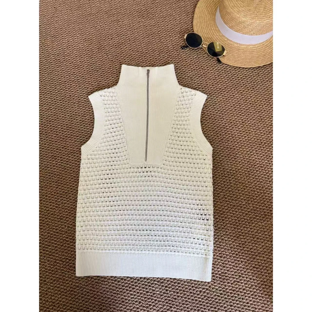 ICCLEK 白色拉链针织背心无袖百搭时尚轻奢名媛通勤 上衣 -  5720