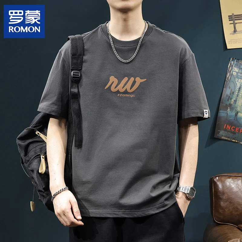 罗蒙春夏新款短袖T恤男士高端纯棉圆领短袖衫男款宽松印花上衣潮