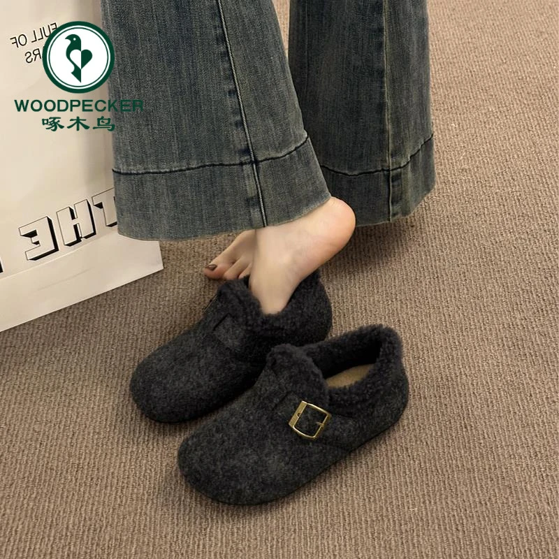 啄木鸟爆款复古休闲勃肯鞋女2025秋冬季新款内增高加绒毛毛棉鞋子