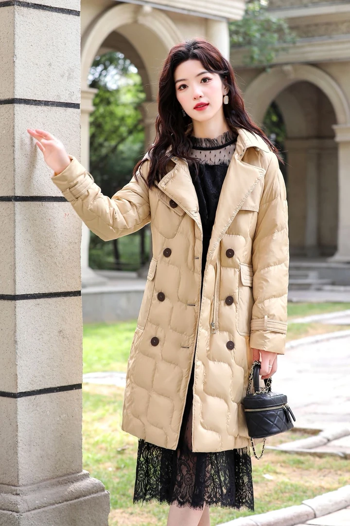 气质收腰中长款韩系风衣式系带鸭绒服 连帽冬季保暖显瘦不臃肿