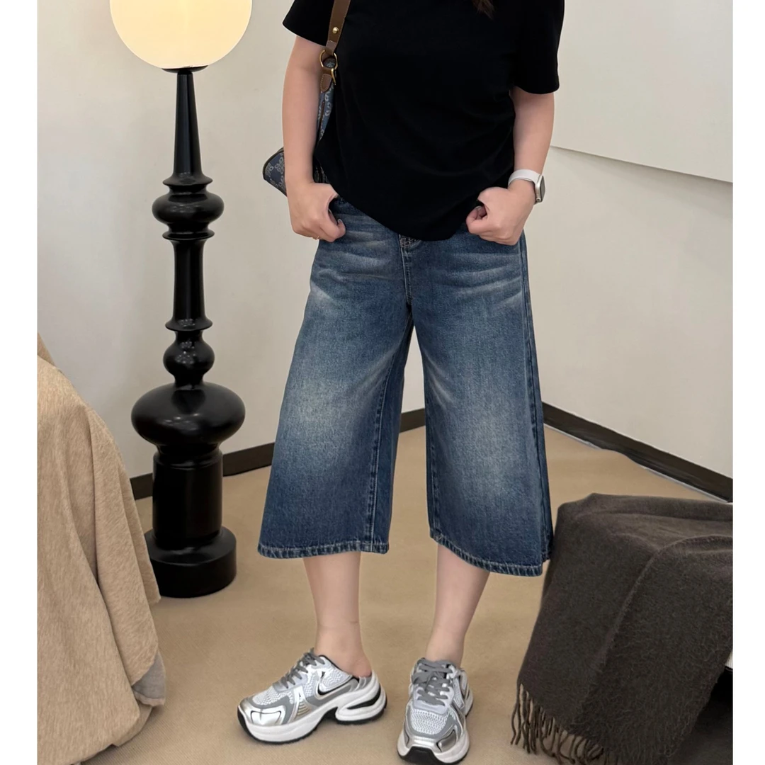 美式老钱风牛仔七分裤夏季女款2025新款松弛感高腰显瘦直筒阔腿裤