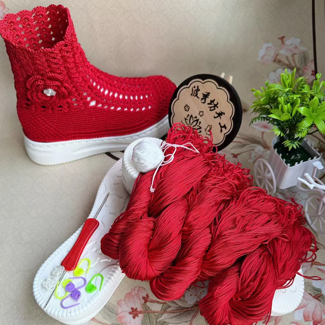 《半成品材料包》手工编织水草花款高筒靴