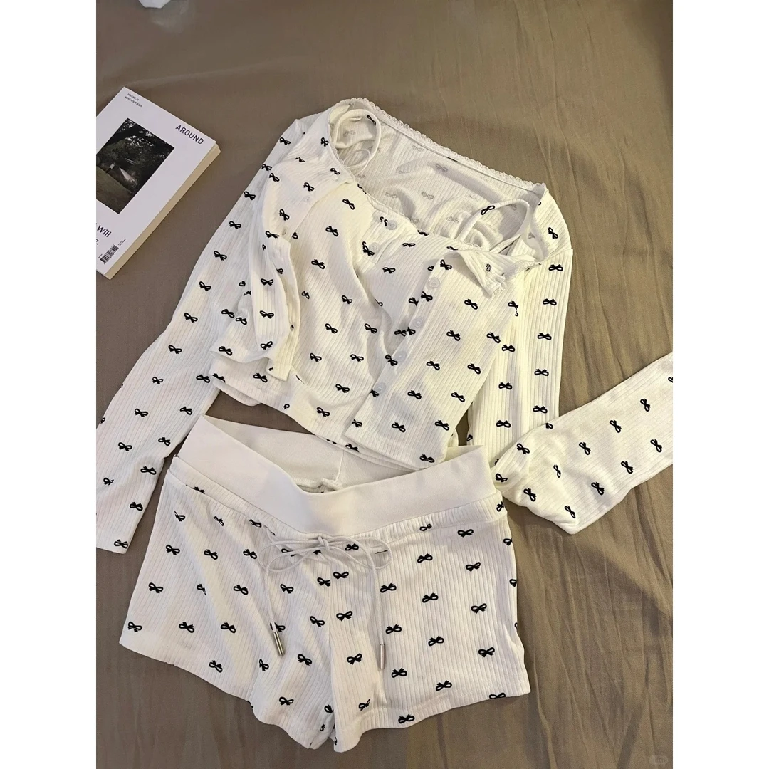 波点蝴蝶结韩版纯欲显瘦带胸垫吊带睡衣女春夏季三件套新款家居服
