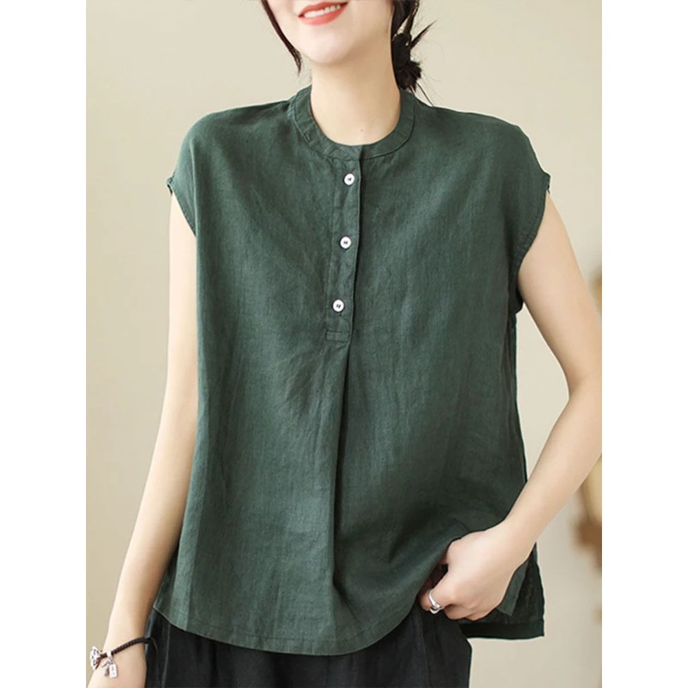 【现货+运费险】棉麻背心无袖T恤女夏季大码女装麻料上衣新款V368