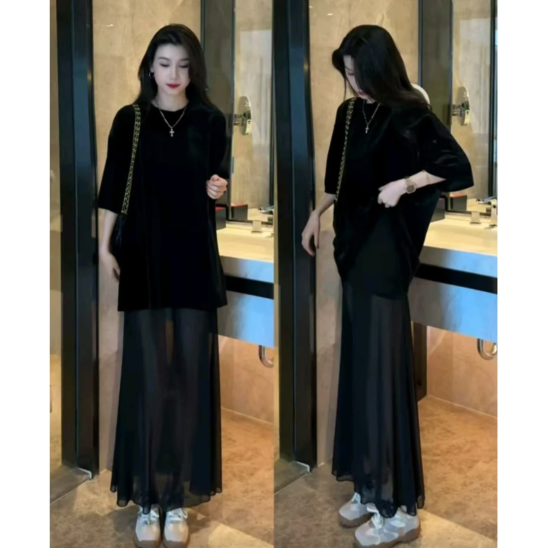 时尚套装女2025春秋新款洋气显瘦中长款T恤上衣网纱半身裙两件套