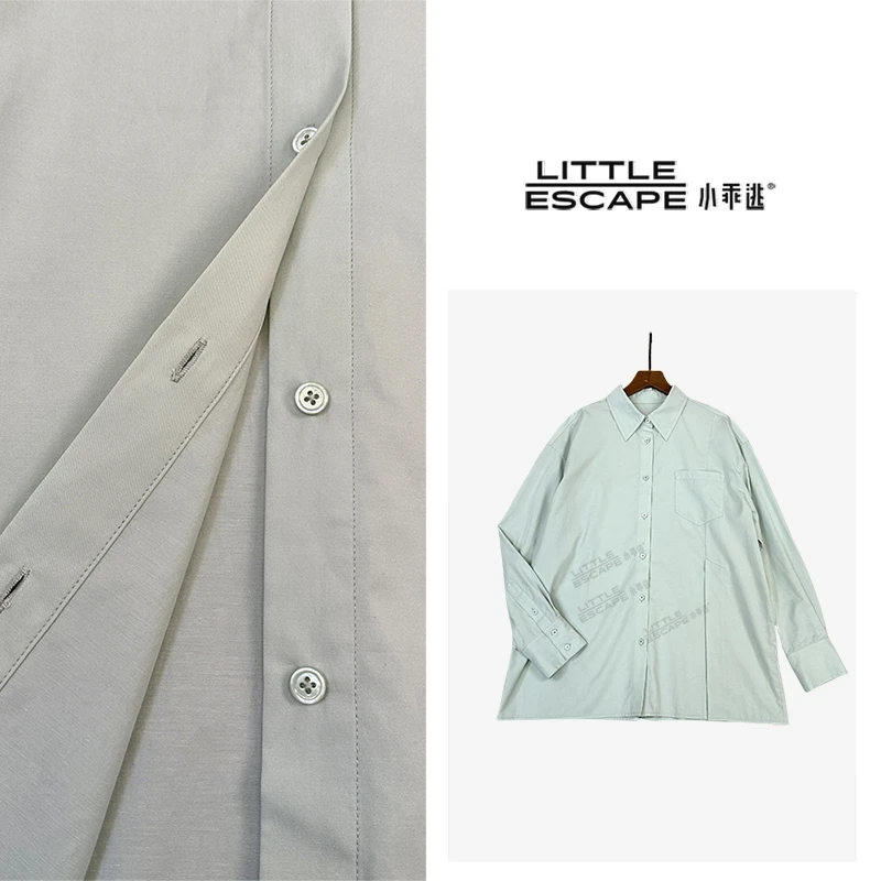 小乖逃双色米白绿色衬衫单口袋单边线宽松慵懒净色衬衣 M8222