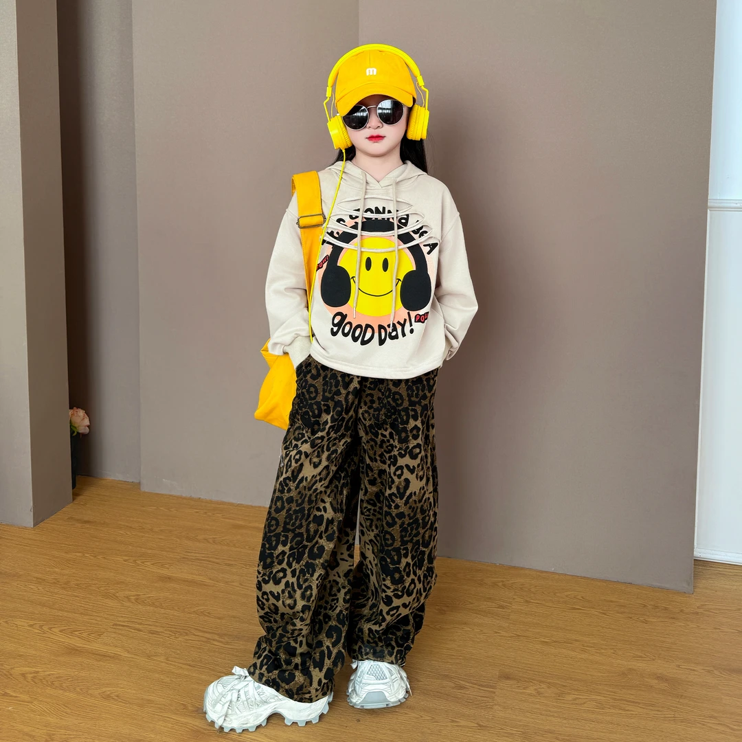 女童春秋款圆领连帽卫衣套装秋装宽松休闲豹纹裤慵懒风两件套潮酷
