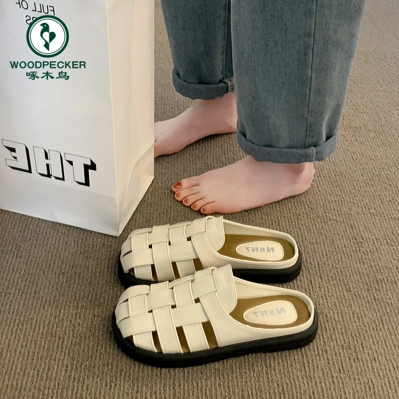 啄木鸟罗马拖鞋女2025新款夏季外穿孕妇一脚蹬包头半拖鞋沙滩凉鞋
