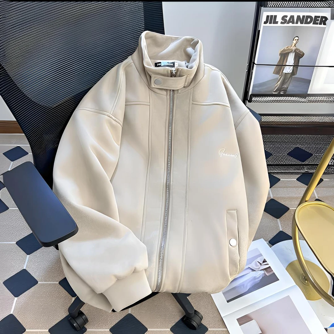 情侣款高级感休闲冬季百搭夹克上衣麂皮绒美式复古拉链立领外套男
