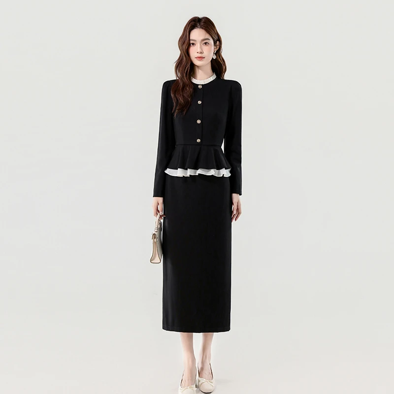 2025秋季新款名媛气质小香风撞色荷叶边拼接显瘦法式假两件连衣裙