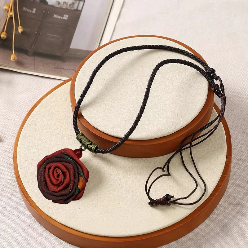 民族风吊坠手工玫瑰花项链中国风优雅小众简约新中式汉服配饰女