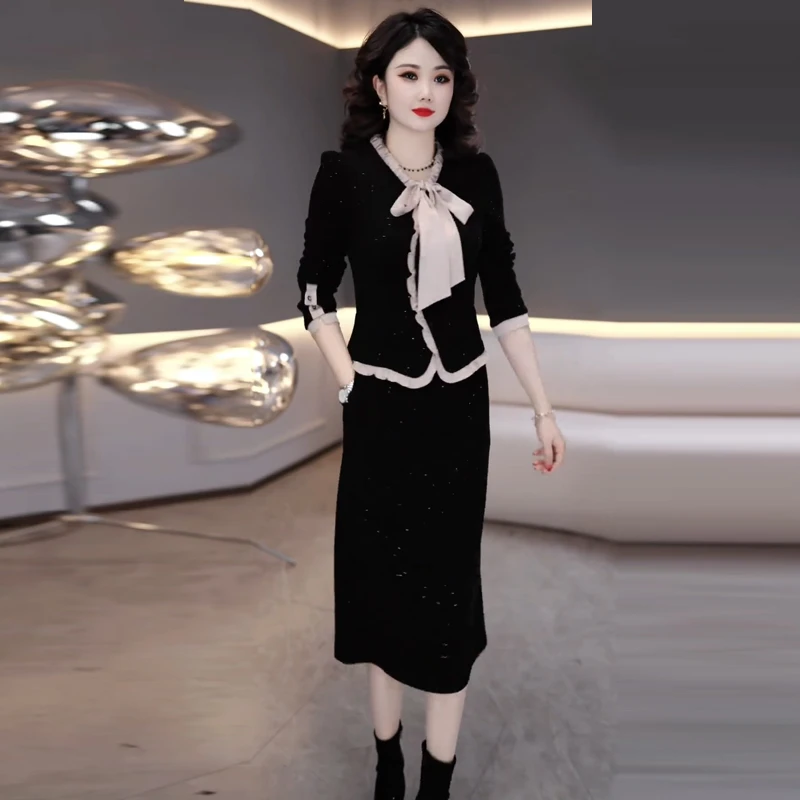 拉夏贝尔星空连衣裙春秋新款时髦洋气中长款假两件显瘦打底裙子