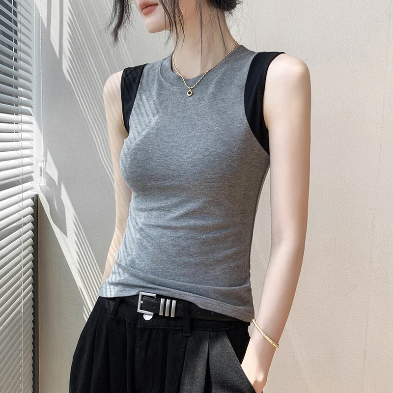 时尚简约圆领拼色无袖背心女夏季修身显瘦设计感小众衬衫内搭上衣