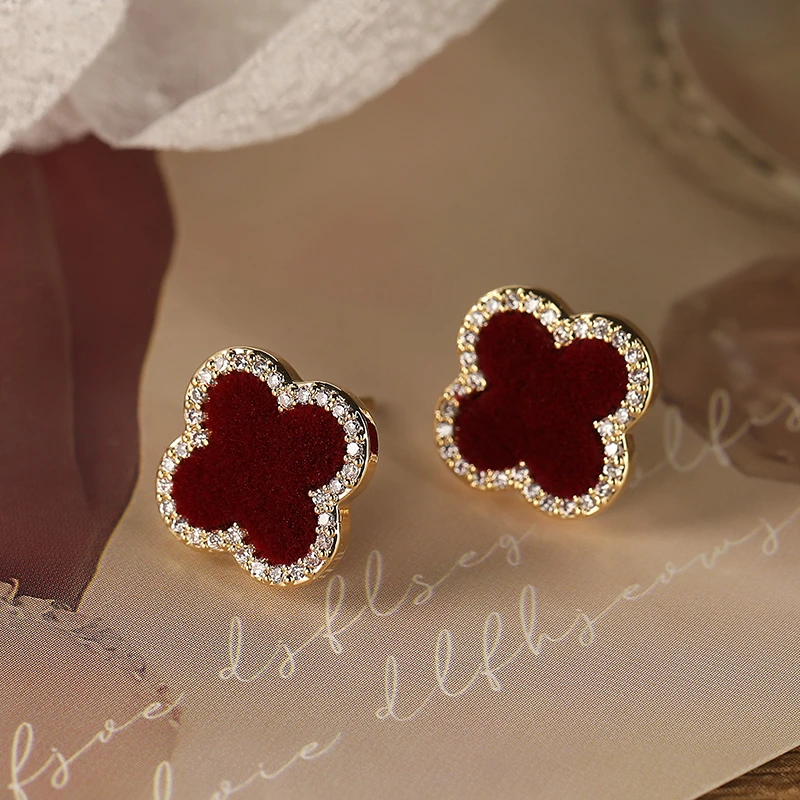 铜合金耳饰 FRENCH【轻度定制】四叶草镶钻红色气质银针耳环女E1474