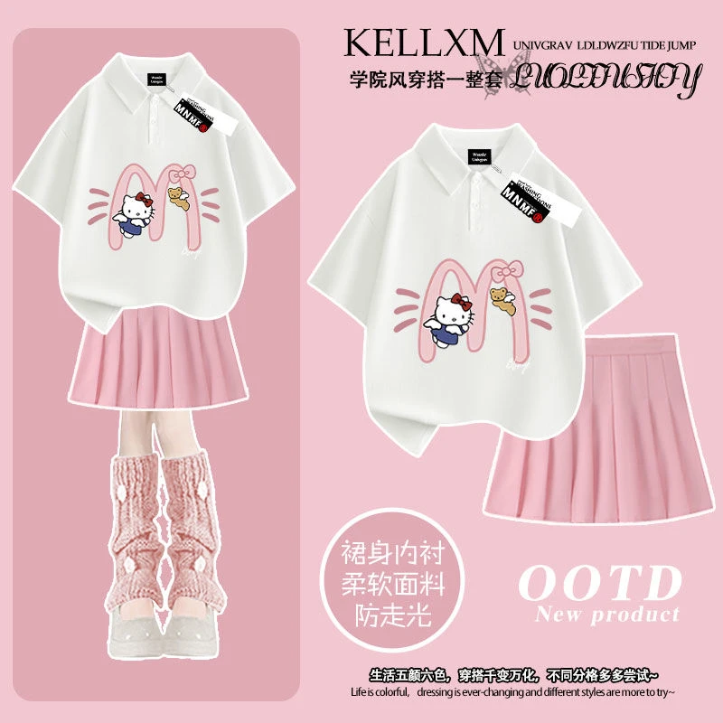 2025夏季女童polo衫短袖短裙套装卡通凯蒂猫中大童百搭两件套ins
