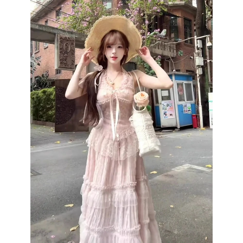 【赴约山海】法式温柔风绝美收腰显瘦挂脖上衣仙气半身长裙两件套女