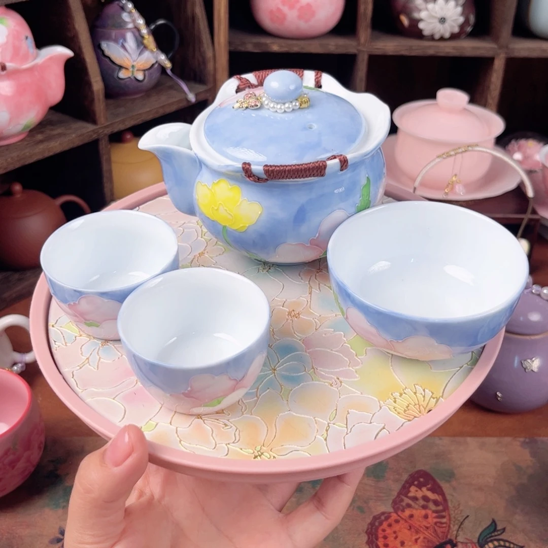 壶小*友手绘蓝色牡丹宝瓶